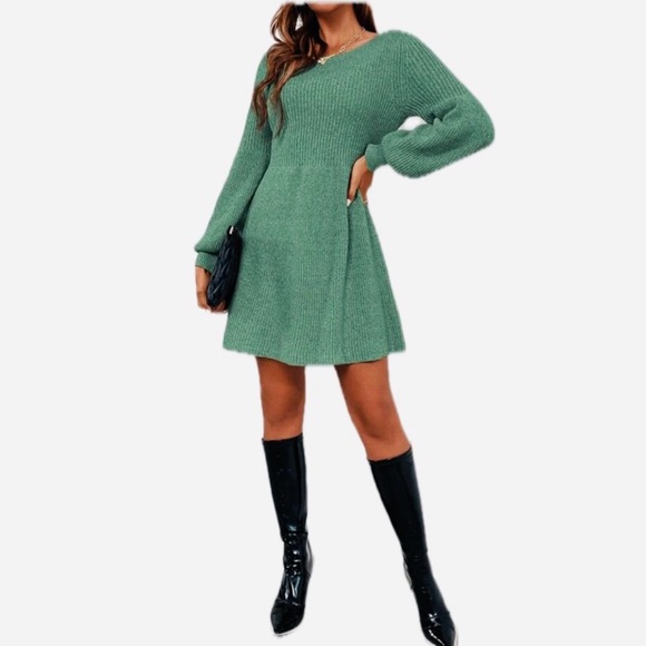 SHEIN Classic Solid Ribbed Knit Lantern Sleeve Sweater Dress In Green Sz Small - Picture 3 of 6